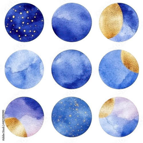 Celestial Harmony: Nine watercolor circles depict celestial bodies, showcasing a stunning array of textures and colors, a beautiful visual representation of the cosmos, stars, and planets