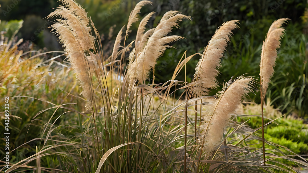 Beige ornamental grasses in garden