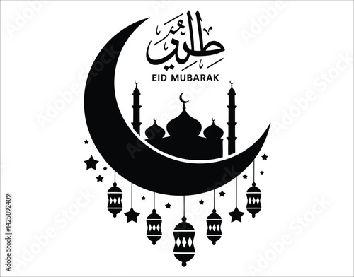 Night Sky Eid Vector with Mosque and Lights
