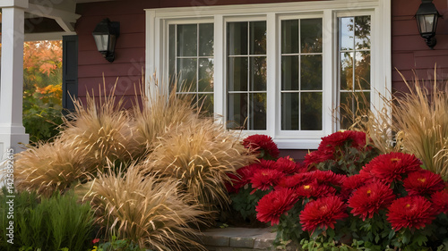 Obraz na płótnie A decorative window box displays lush red chrysanthemums alongside tall ornamental grasses, creating a vibrant autumn scene near a charming home w salonie