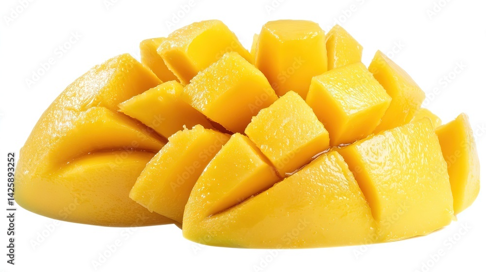 Mango, Diced Mango, Vibrant Yellow, Juicy Fruit, Fresh Produce, Minimalist Composition, Clean White Background, Glossy Texture, Geometric Arrangement, High Contrast, Tropical Flavor, Natural Lighting Mango, Diced Mango, Vibrant Yellow, Juicy Fruit, Fresh Produce, Minimalist Composition, Clean White Background, Glossy Texture, Geometric Arrangement, High Contrast, Tropical Flavor, Natural Lighting