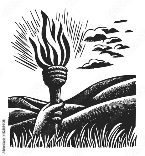 Hand-Drawn Illustration of a Torch Surrounded by Fluffy Clouds