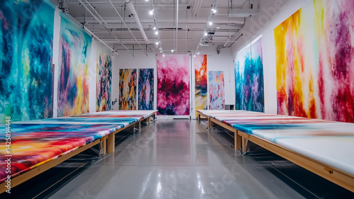 A high-tech digital fabric printing lab showcasing innovative colorfast dye technology for vibrant, long-lasting textile designs