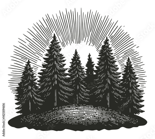 Hand-Drawn Illustration of Pine Trees with Radiant Background