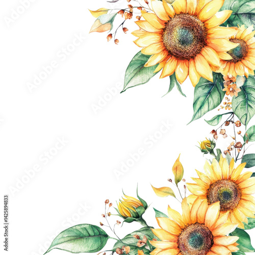Sunflower floral corner on transparent Background