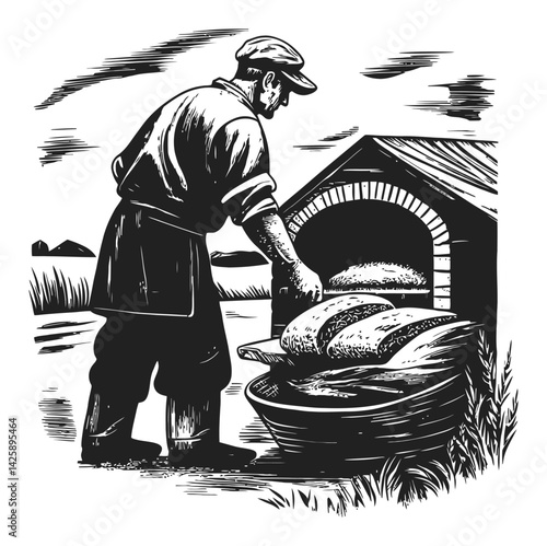 Hand-Drawn Illustration of Man Loading Bags into Oven Structure