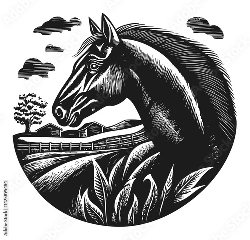 Elegant Hand-Drawn Horse Illustration in Natural Landscape
