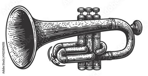 Detailed Hand-Drawn Illustration of a Vintage Brass Trumpet Design