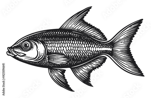 Hand-Drawn Illustration of a Detailed Fish in Vintage Style