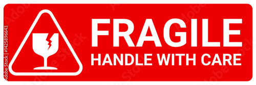 sticker fragile handle with care, red fragile warning label with broken glass symbol, this side up sign, keep dry, do not trample and avoid liquid sign.