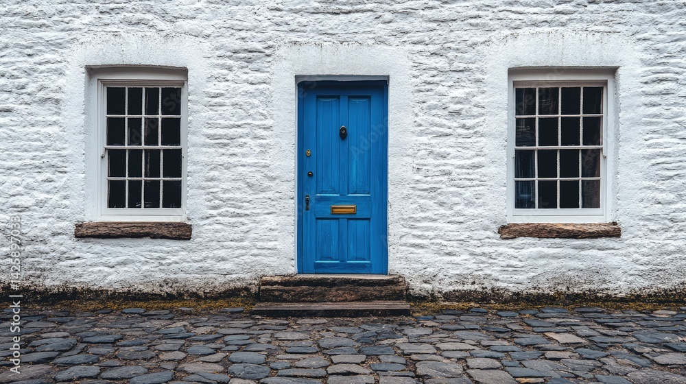 Fototapeta premium Blue door between two windows on a white stone building facade.