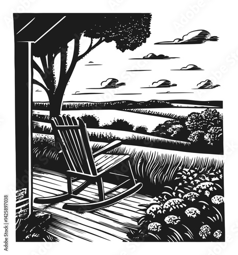 Serene Hand-Drawn Illustration of a Rocking Chair and Landscape