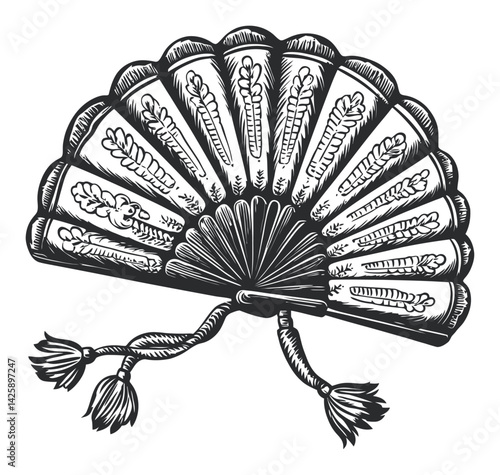 Hand-Drawn Illustration of a Decorative Vintage Folding Fan