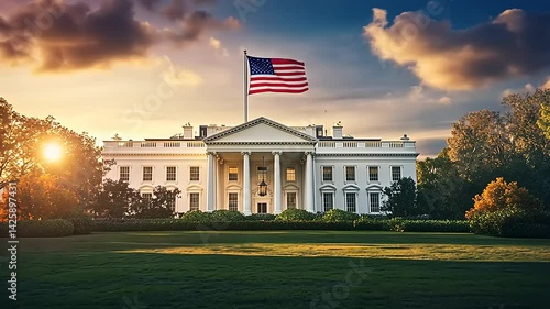 The White House at Sunset with American Flag, Surrounded by Lush Greenery and Clouds