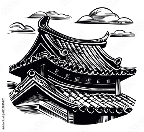 Hand Drawn Illustration of Traditional Asian Roof Architecture