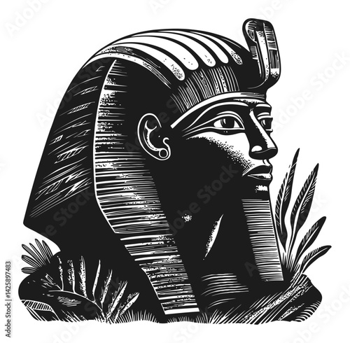 Detailed Hand-Drawn Illustration of an Ancient Egyptian Pharaoh Bust