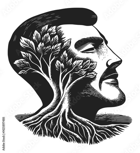 Hand-Drawn Illustration of Man with Tree Growing from Profile