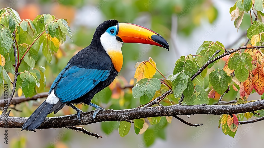 Fototapeta premium Vibrant Toucan in a Sunbeam Among Lush Green Leaves