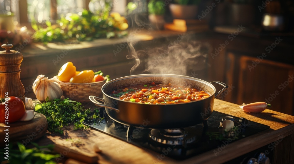 A rustic kitchen scene featuring a pot of simmering minestrone on the stove, surrounded by fresh herbs, vegetables, and garlic, showcasing the warmth of homemade cooking.