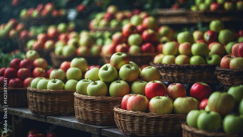 Vibrant display of ripe apples in rustic baskets for autumn sale Vibrant display of ripe apples in rustic baskets for autumn sale