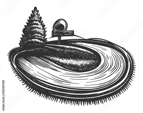 Hand-Drawn Illustration of a Curved Road Near a Mailbox and Tree