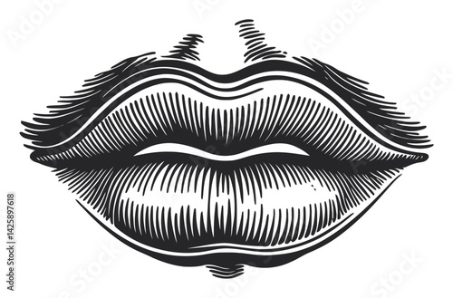 Hand Drawn Illustration of Stylized Lips in Monochrome Detail