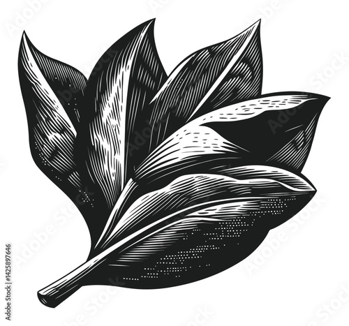 Hand Drawn Illustration of Stylized Leaves in Black and White Design