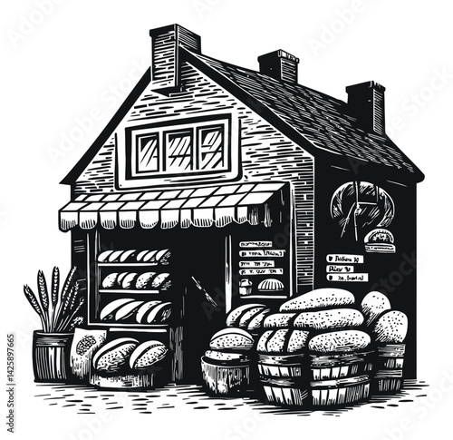 Hand-Drawn Illustration of a Rustic Bakery with Fresh Bread Display