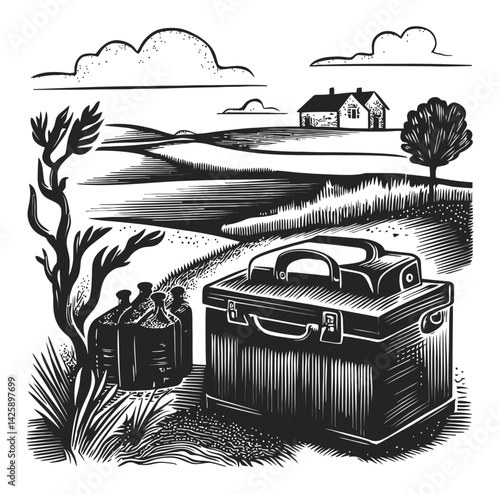 Hand-Drawn Illustrative Scene of a Landscape with Tools and House