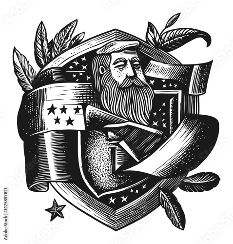 Hand-drawn Illustration of a Vintage Shield with Figure and Leaves