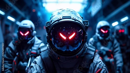 A group of astronauts in a space station with red eyes