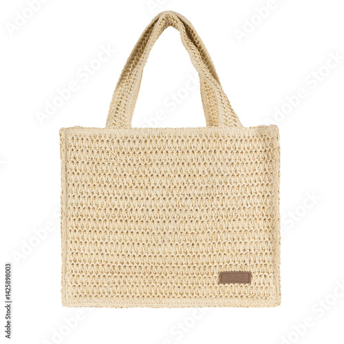Front side of light beige straw women straw bag isolated on transparent background. Cut Out bag png object