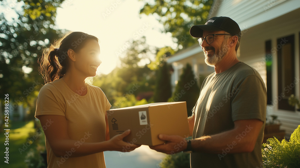 A courier handing a package to a smiling woman at her doorstep.