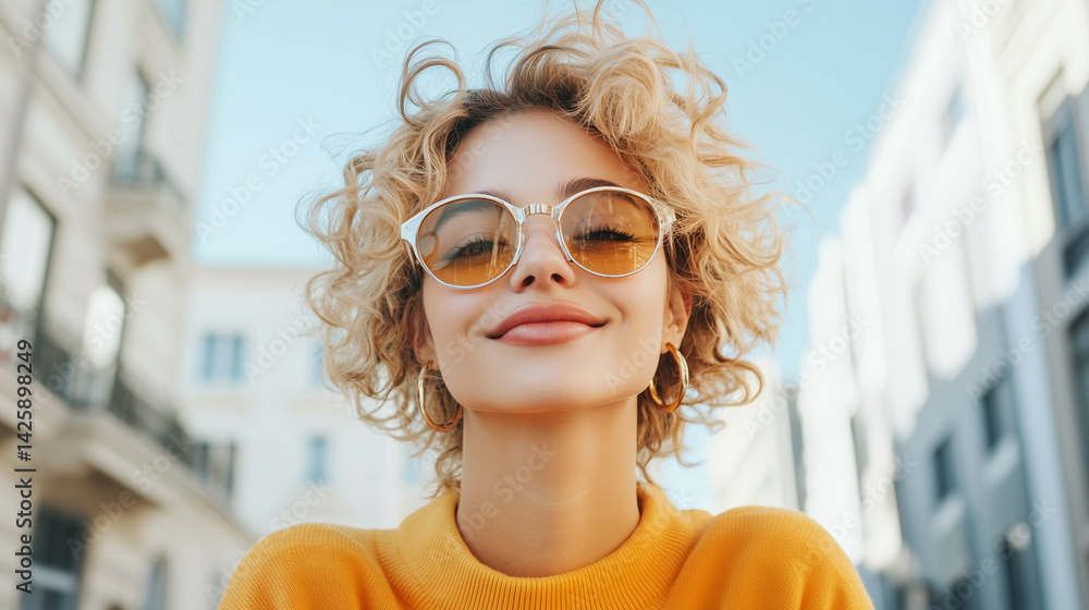A trendy social media influencer posing with a stylish outfit against a modern city backdrop.