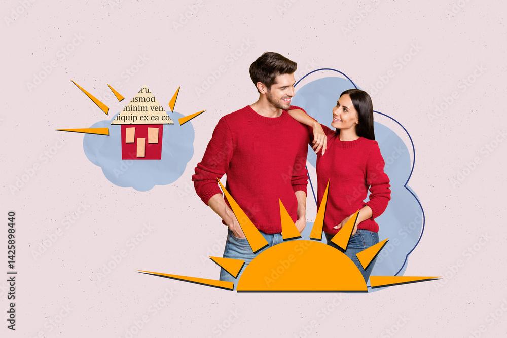 Poster graphics collage of people stand near small house sun clouds on grey background