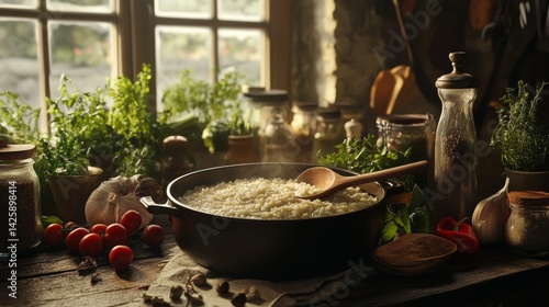 Obraz na płótnie A rustic kitchen scene with a wooden spoon resting in a pot of risotto, surrounded by fresh vegetables, herbs, and spices, showcasing the ingredients used for a homemade meal. w salonie