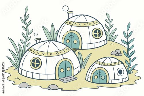 Cute Cartoon Houses in a Whimsical Village, Fantasy Landscape with Foliage.