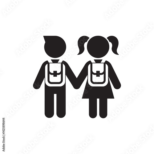 Black Silhouette of Two Children Holding Hands Wearing Backpacks with a Medical Cross Symbol Representing Education, Safety, Editable Vector Illustration Isolated on a White Background