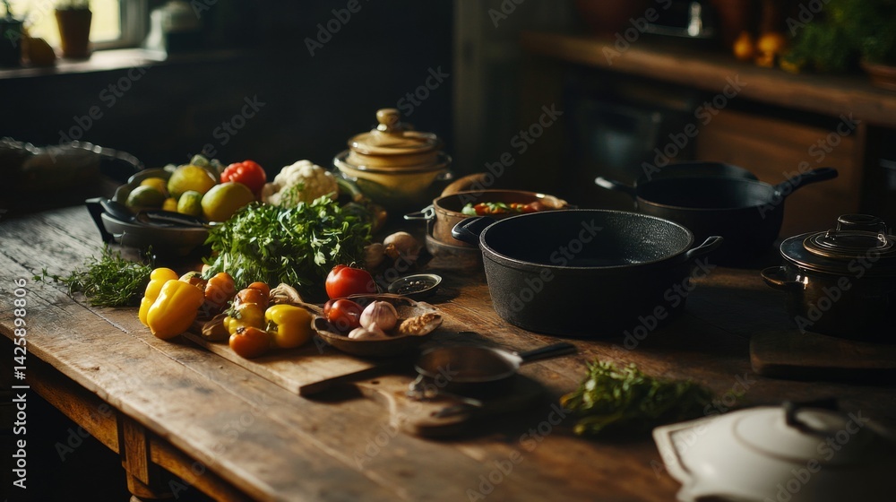 A rustic wooden table set with an assortment of cast iron pots and pans, surrounded by fresh farm produce, highlighting the beauty of home-cooked meals.