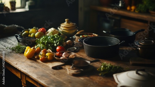 Obraz na płótnie A rustic wooden table set with an assortment of cast iron pots and pans, surrounded by fresh farm produce, highlighting the beauty of home-cooked meals. w salonie