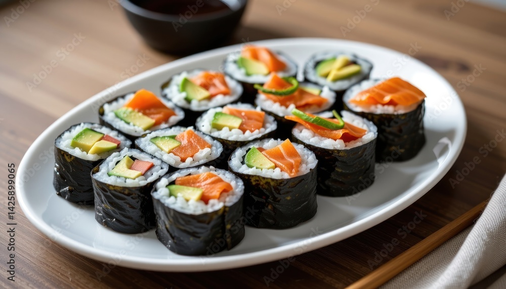 Delicious Salmon Avocado Sushi Rolls on White Plate Close Up View Delicious Salmon Avocado Sushi Rolls on White Plate Close Up View