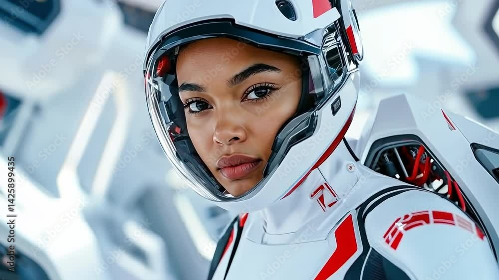 A woman in a white and red space suit with a helmet on A woman in a white and red space suit with a helmet on