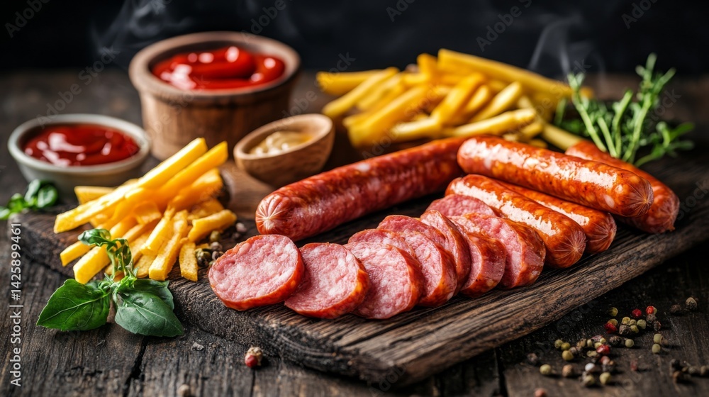 A rustic wooden table with freshly cooked sausages, sliced into pieces, arranged with condiments and sauces, illuminated by soft, warm lighting