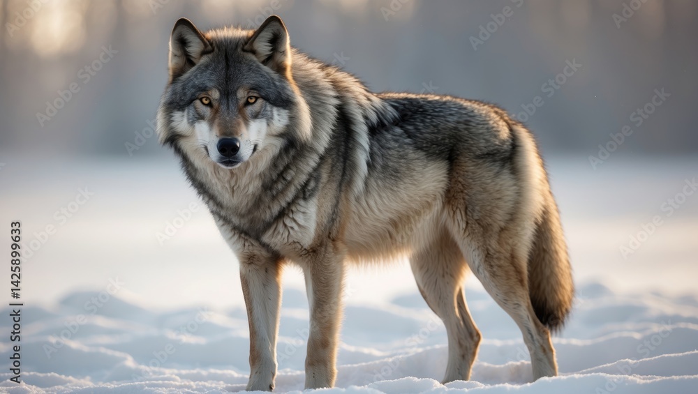Obraz premium Isolated European gray wolf standing in winter snow against a white background