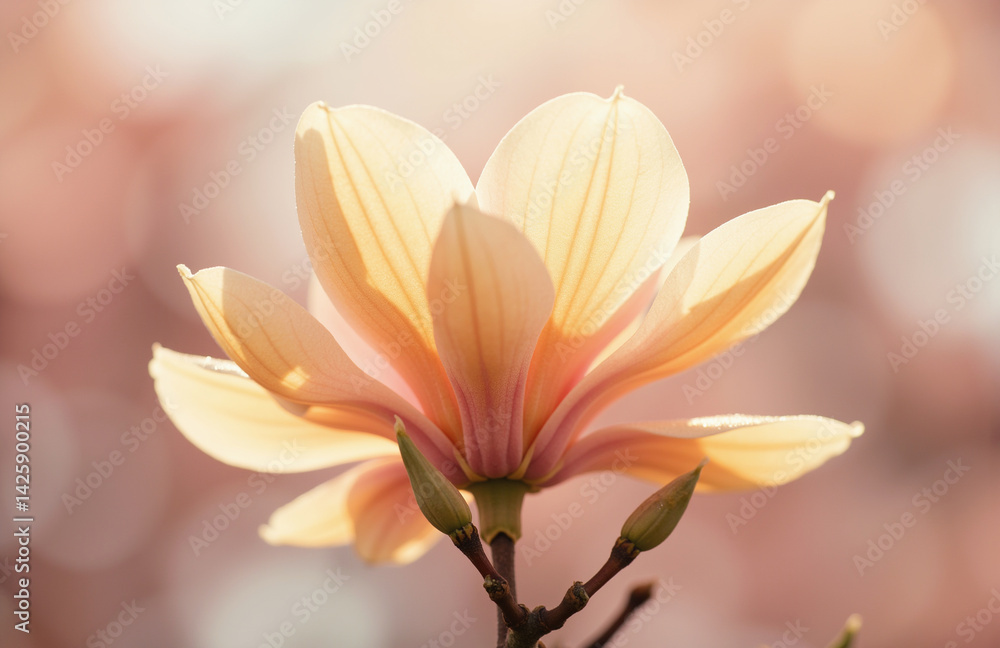 Fototapeta premium Close-up of blooming magnolia flower with soft pastel background.
