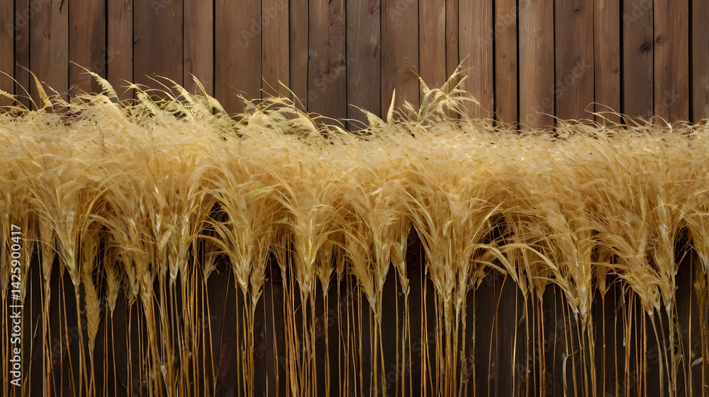 Golden ornamental grasses against textured wood backdrop.