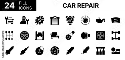 Collection of 24 Car Repair fill icons featuring editable strokes. These outline icons depict various modes of Car Repair, car repair service, automobile maintenance, icon, mechanic, vehicle,