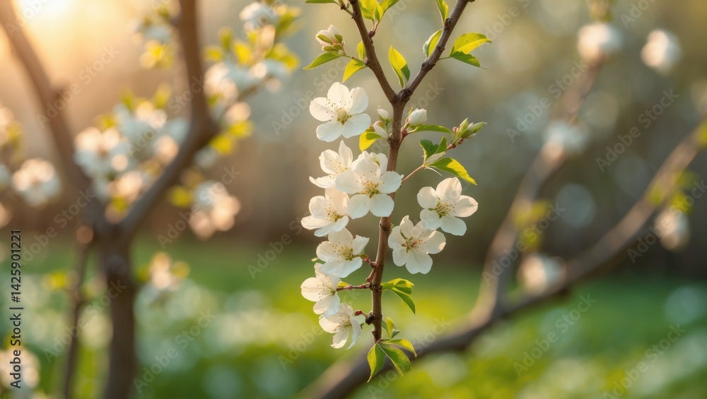 Sunny spring day in the garden with blooming plum branch and blurred background, ample copy space Sunny spring day in the garden with blooming plum branch and blurred background, ample copy space