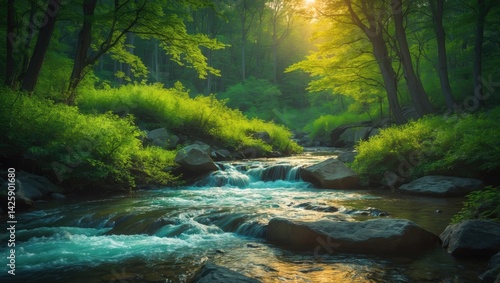 Spring forest scenery with a scenic stream and river rocks in nature