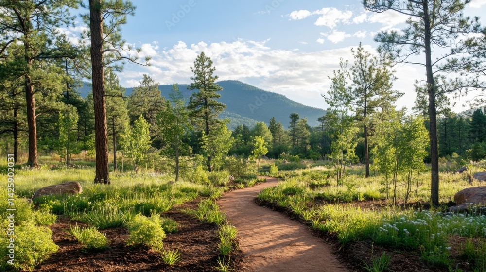 A serene hiking trail surrounded by newly planted trees, inviting outdoor enthusiasts to enjoy and appreciate the beauty of restored natural landscapes.